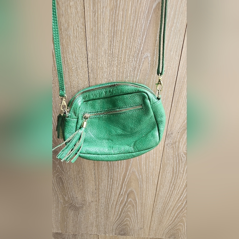 Italian Leather Pebble Leather Green Crossbody Purse with Tassel And Gold Detail